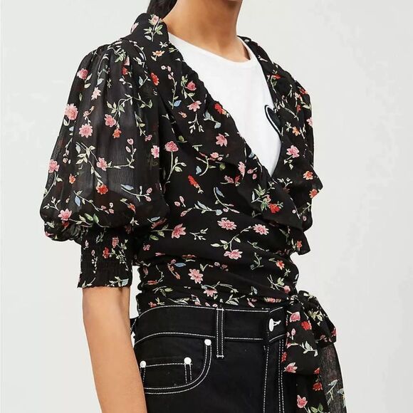 Ganni Paradise Elm Georgette Black Floral Wrap Top - Picture 9 of 14